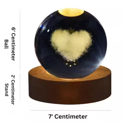 3D Crystal Heart Night Lamp with Wooden Touch Base | Romantic LED Table Lamp for Bedroom, Living Room & Gifting