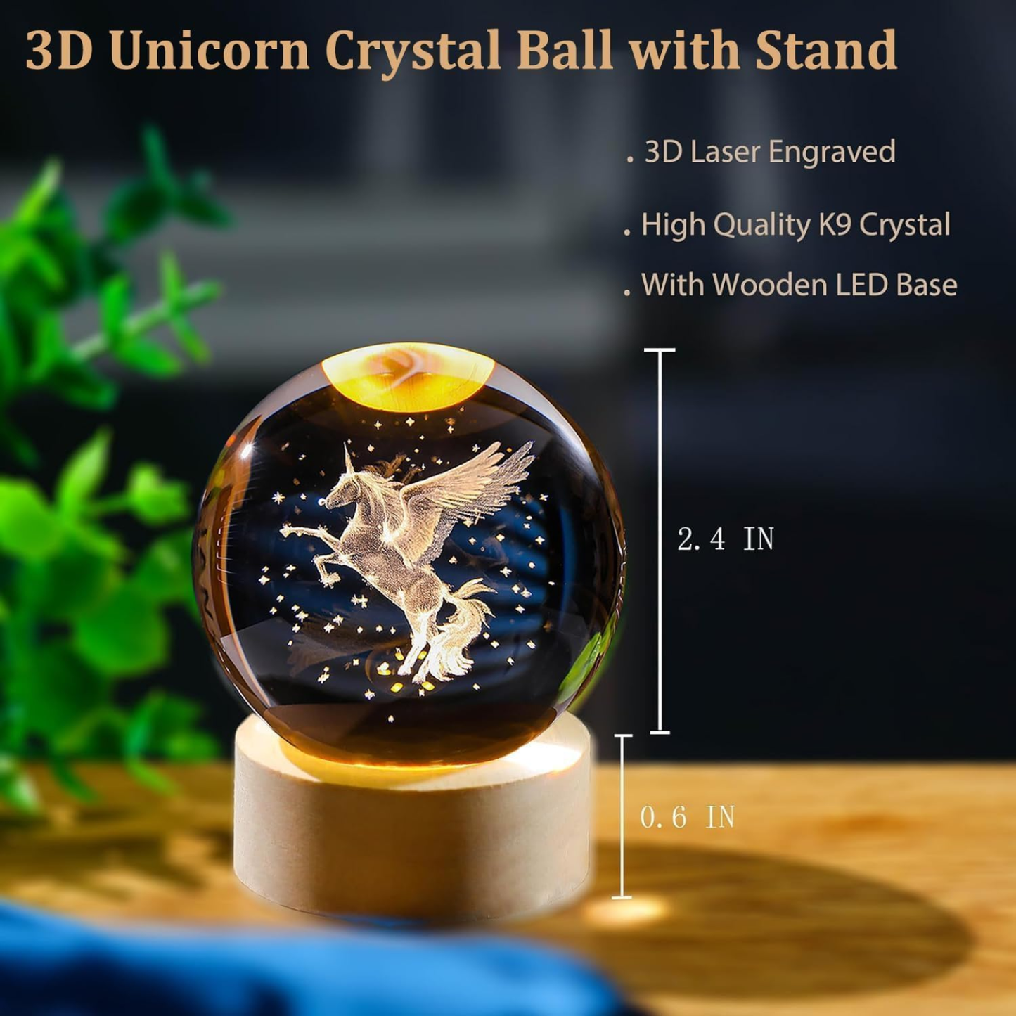 3D Crystal Unicorn Night Lamp with Wooden Base | LED Glass Ball Table Lamp for Bedroom, Kids Room & Gift Decor