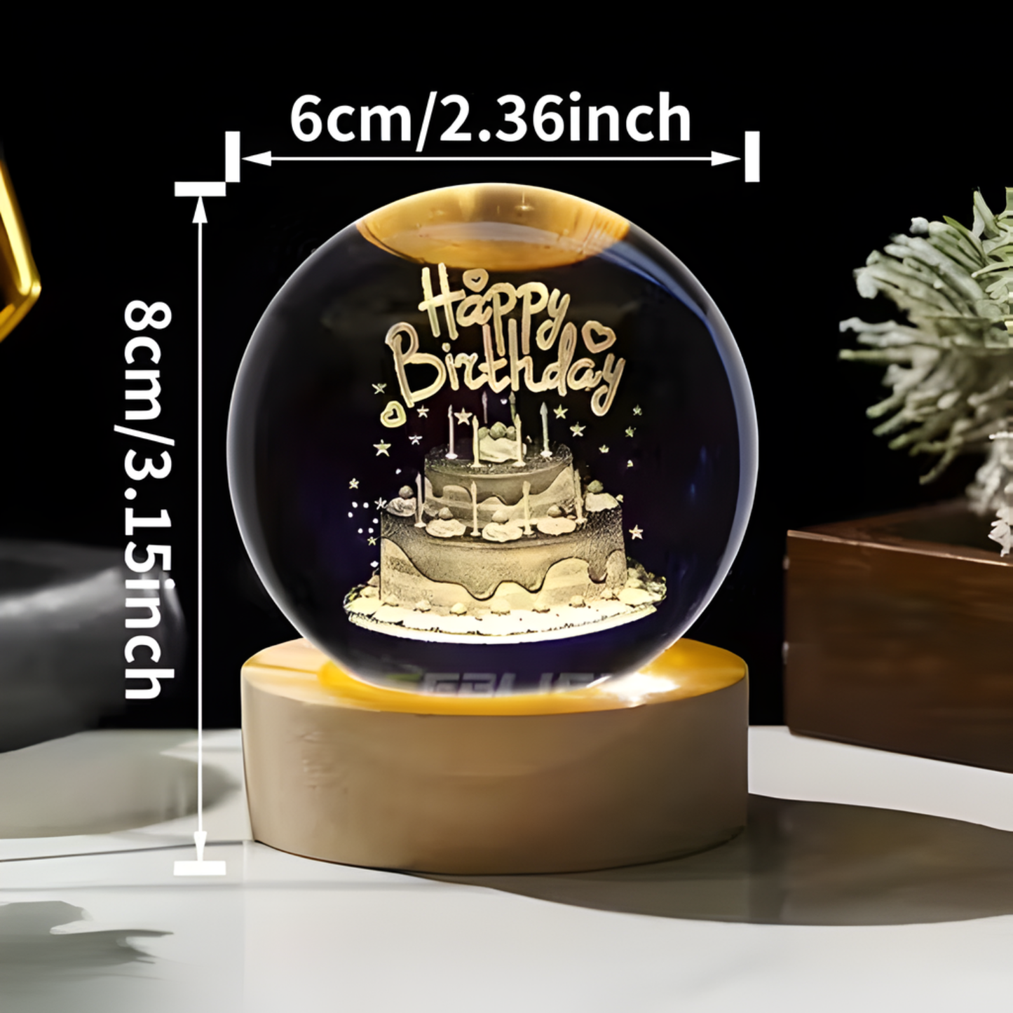 3D Happy Birthday Crystal Ball Night Lamp with Wooden Base | LED Decorative Table Light for Birthday Gift & Room Décor