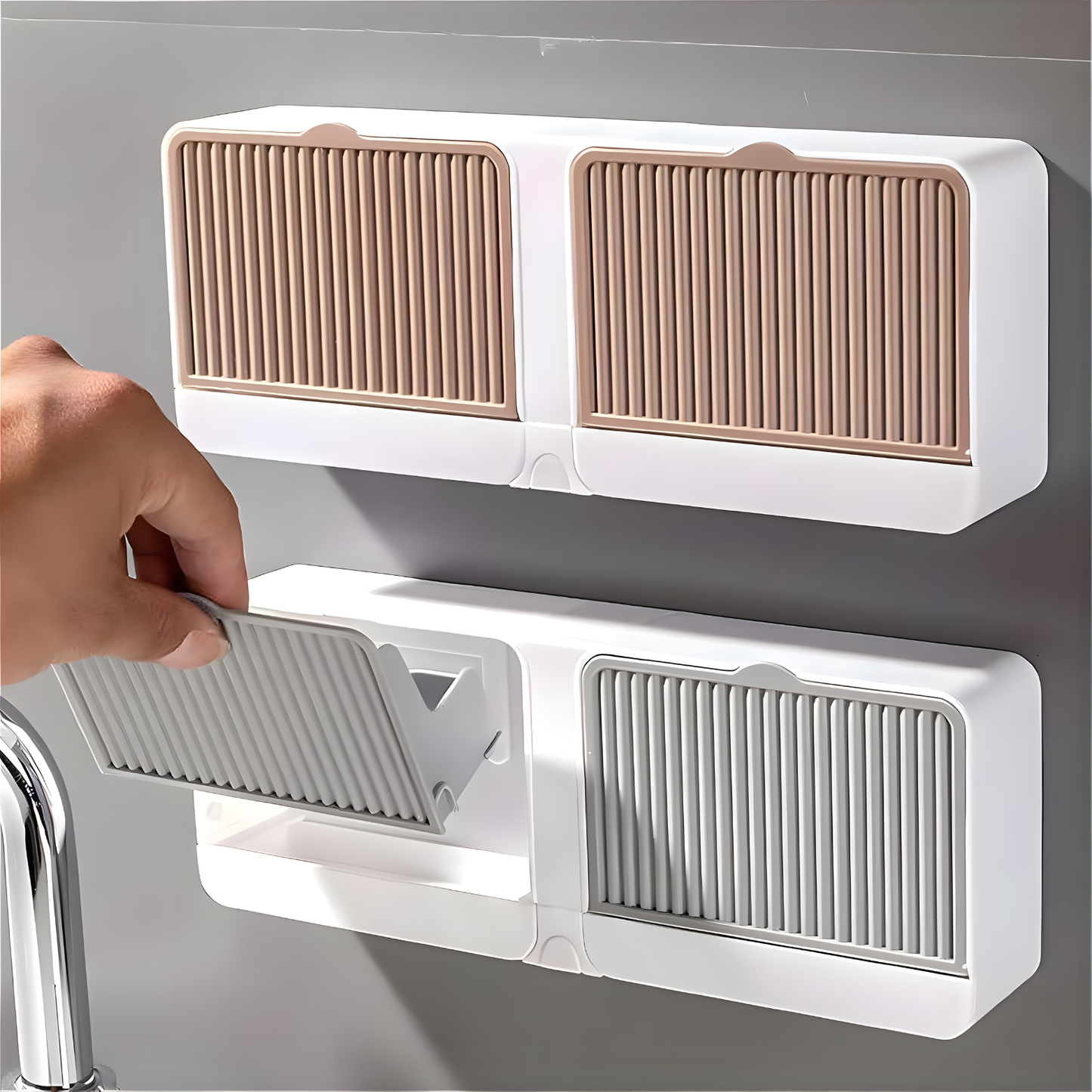Wall Mounted Soap Holder with Cover | No-Drill Soap Case | Double Grid Soap Rack for Bathroom & Kitchen
