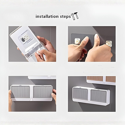 Wall Mounted Soap Holder with Cover | No-Drill Soap Case | Double Grid Soap Rack for Bathroom & Kitchen