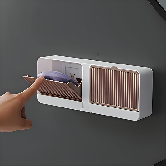 Wall Mounted Soap Holder with Cover | No-Drill Soap Case | Double Grid Soap Rack for Bathroom & Kitchen