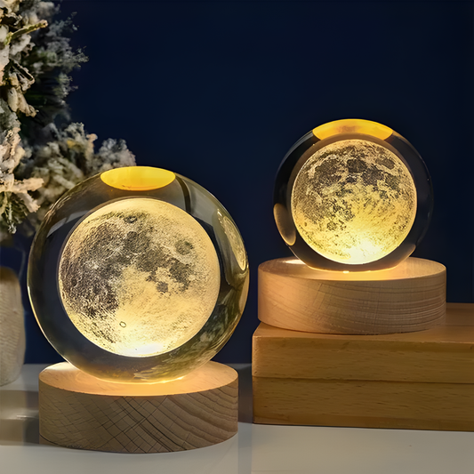 3D Crystal Moon Lamp with Wooden Base | LED Night Lamp for Bedroom, Living Room & Home Decor