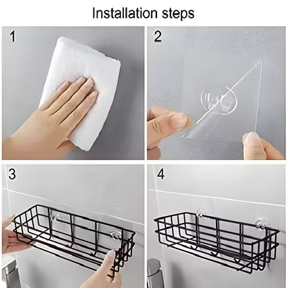 Self Adhesive 2-Layer Bathroom & Kitchen Wall Storage Rack with Hooks (Black Metal)