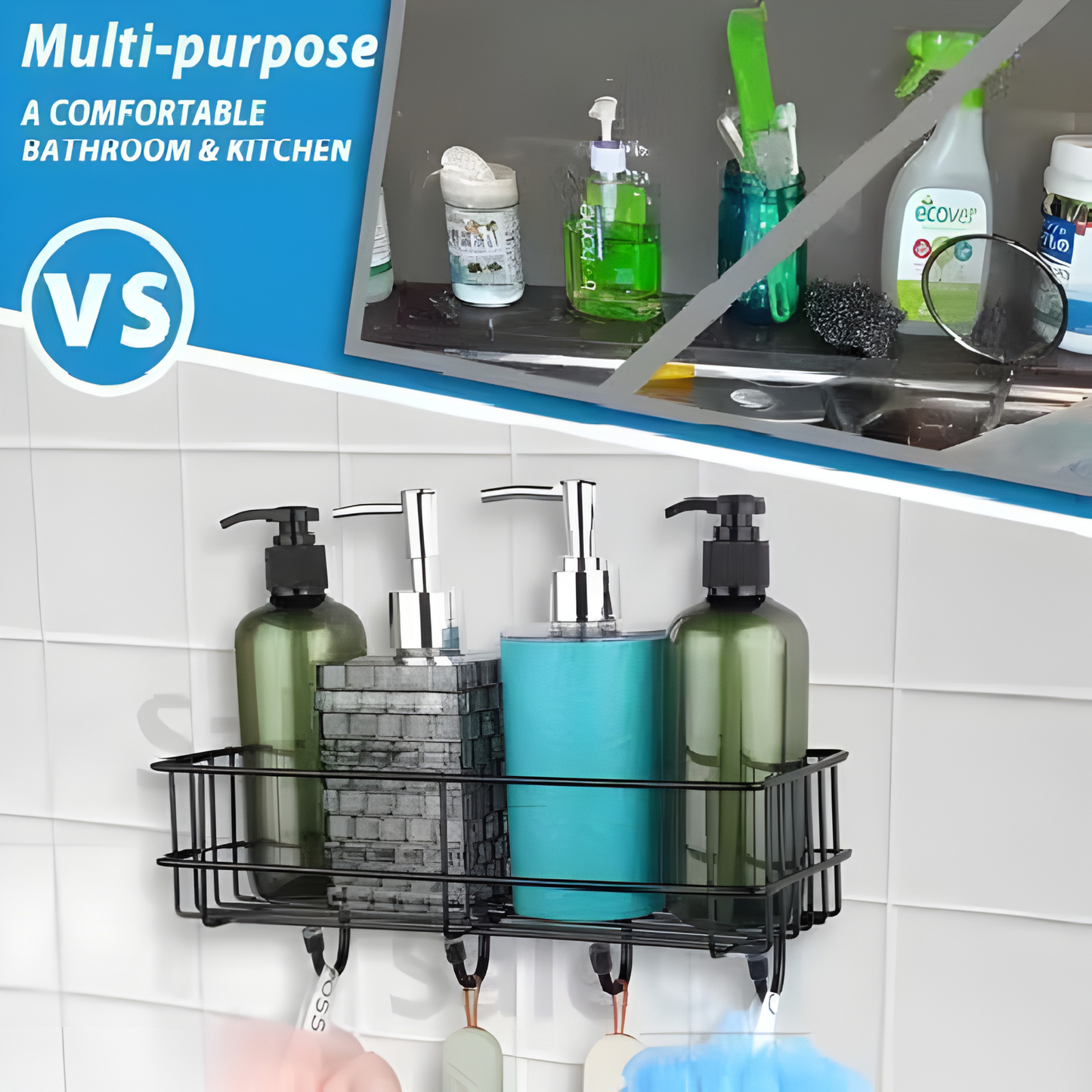 Self Adhesive 2-Layer Bathroom & Kitchen Wall Storage Rack with Hooks (Black Metal)