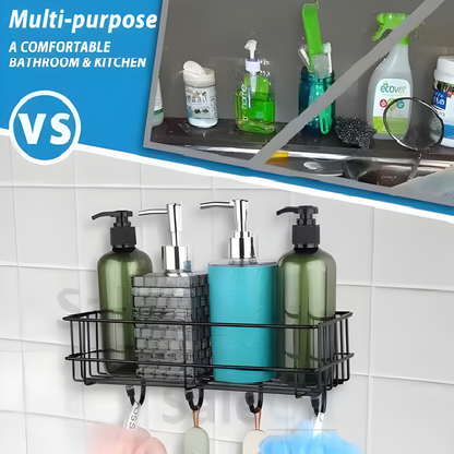 Self Adhesive 2-Layer Bathroom & Kitchen Wall Storage Rack with Hooks (Black Metal)