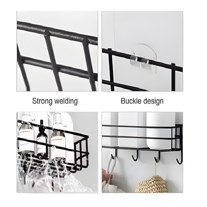 Self Adhesive 2-Layer Bathroom & Kitchen Wall Storage Rack with Hooks (Black Metal)