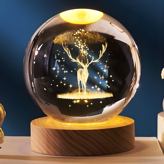 3D Crystal Moon Lamp with Deer Design & Wooden Base | LED Astronomy Night Lamp for Bedroom, Living Room & Home Decor