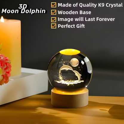 3D Crystal Dolphin Moon Lamp with Wooden Touch Base | LED Astronomy Night Lamp for Bedroom, Living Room & Home Decor