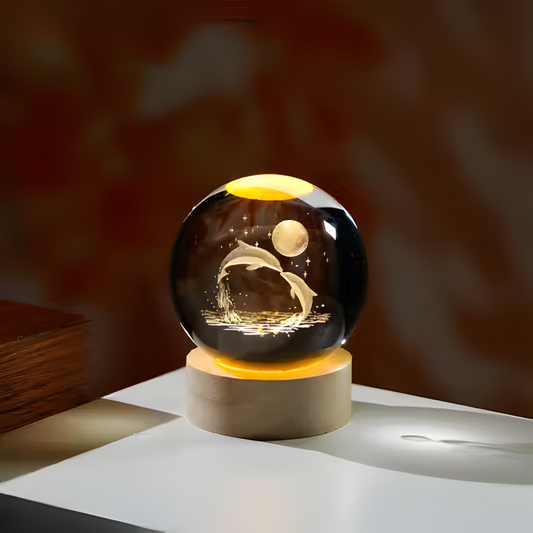 3D Crystal Dolphin Moon Lamp with Wooden Touch Base | LED Astronomy Night Lamp for Bedroom, Living Room & Home Decor