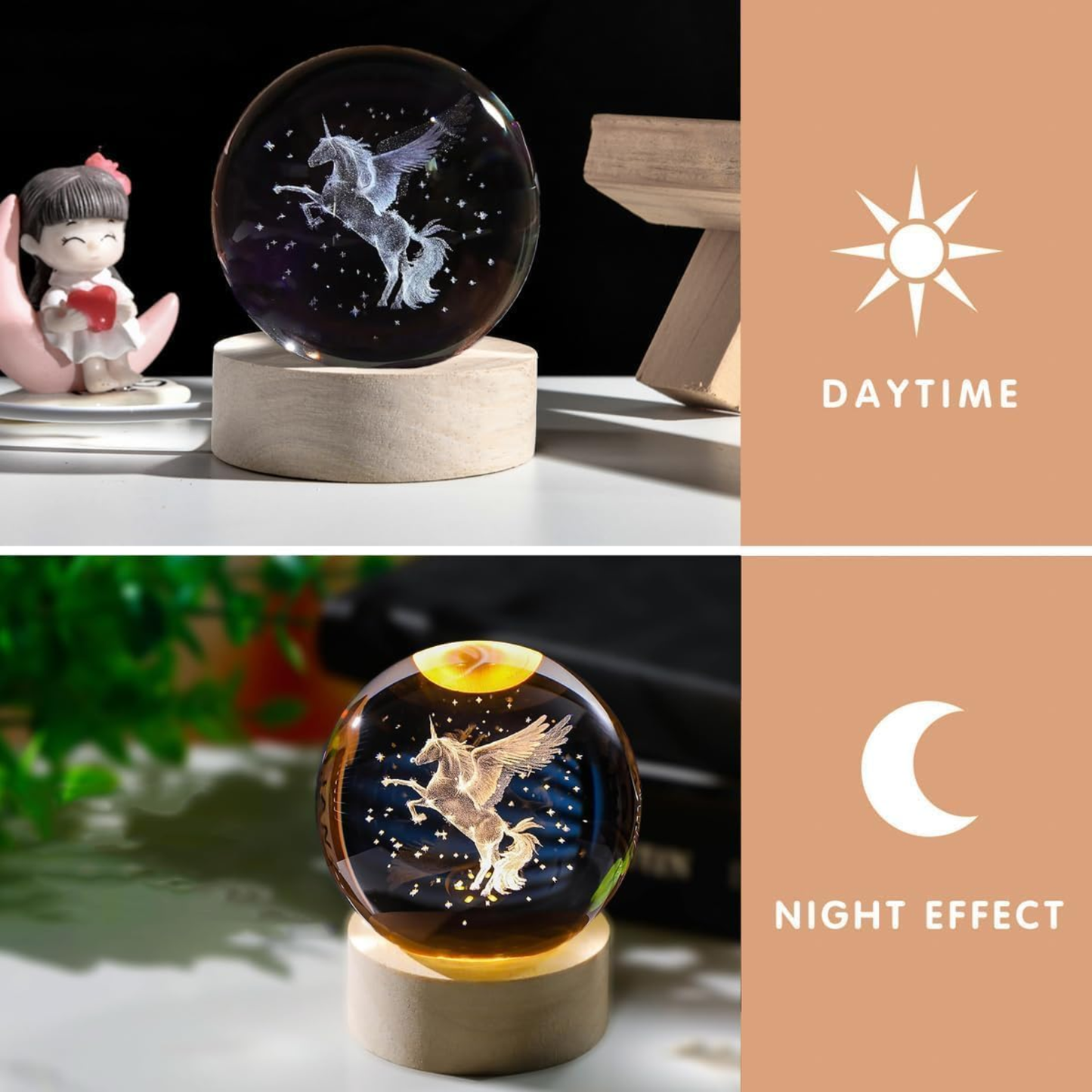 3D Crystal Unicorn Night Lamp with Wooden Base | LED Glass Ball Table Lamp for Bedroom, Kids Room & Gift Decor