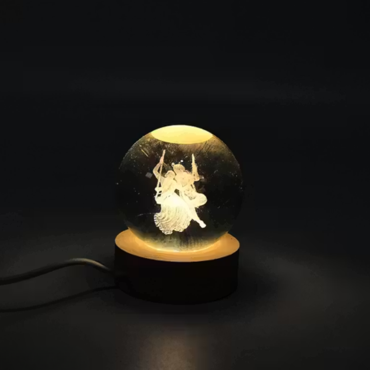 3D Radha Krishna Crystal Ball Night Lamp with Wooden Base | LED Decorative Light for Bedroom, Mandir & Gift