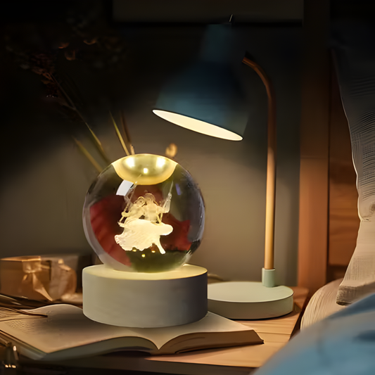 3D Radha Krishna Crystal Ball Night Lamp with Wooden Base | LED Decorative Light for Bedroom, Mandir & Gift