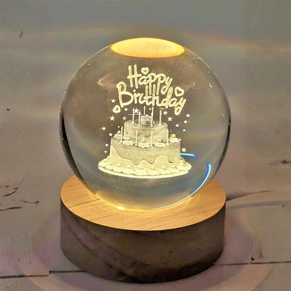 3D Happy Birthday Crystal Ball Night Lamp with Wooden Base | LED Decorative Table Light for Birthday Gift & Room Décor
