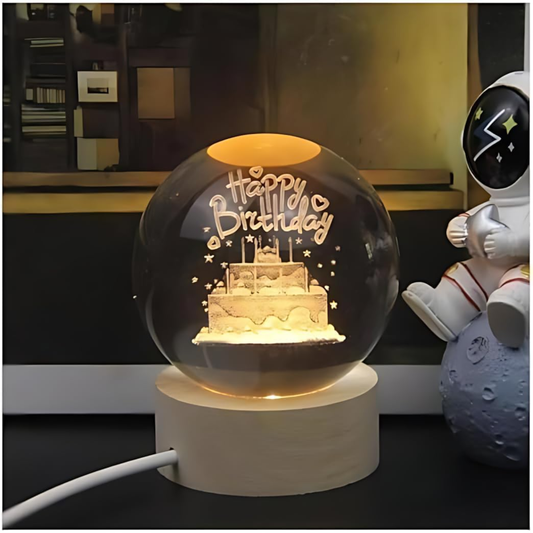 3D Happy Birthday Crystal Ball Night Lamp with Wooden Base | LED Decorative Table Light for Birthday Gift & Room Décor