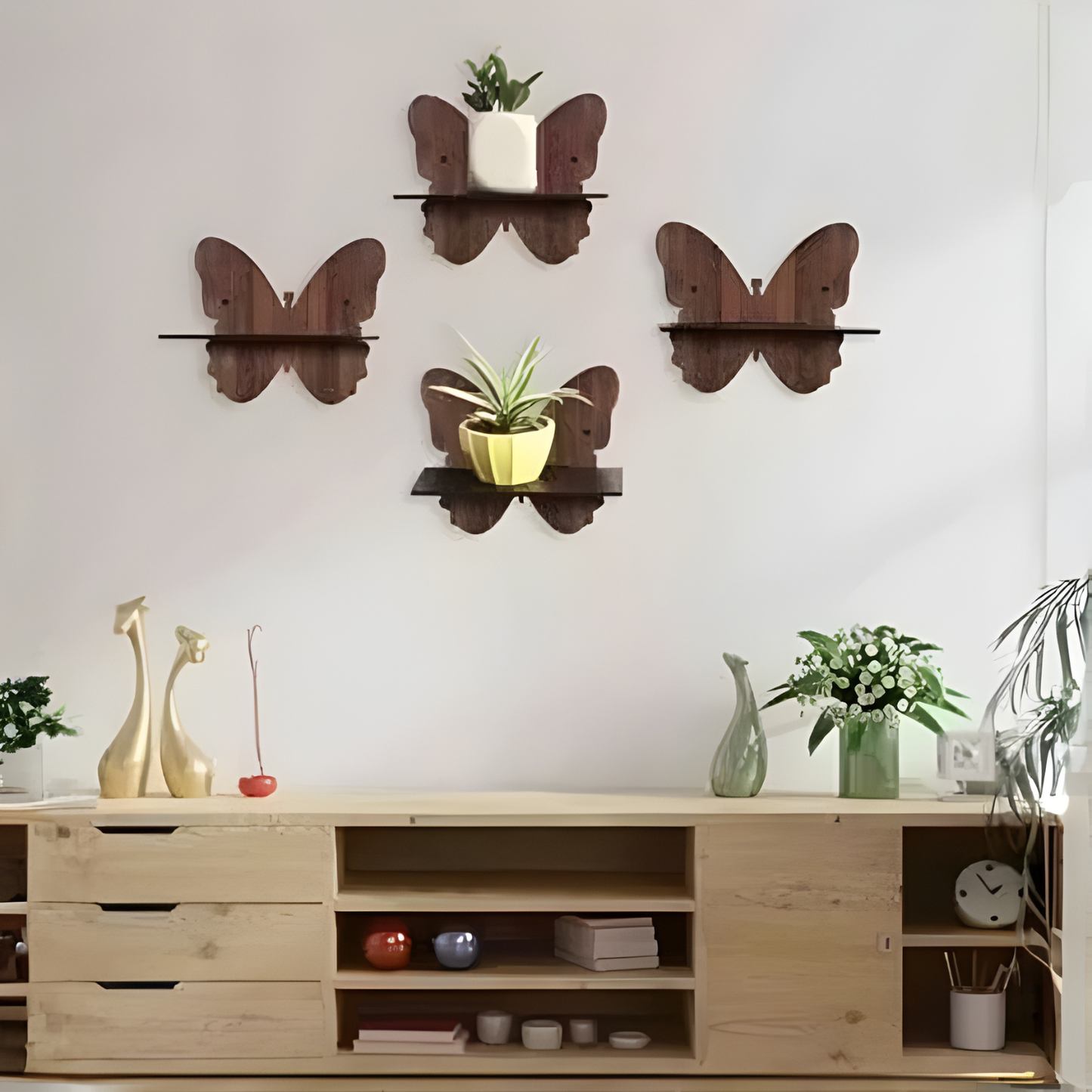 Set of 4 Butterfly Design Wooden Wall Shelves | Decorative Wall Mounted Shelves for Living Room, Bedroom & Home Décor