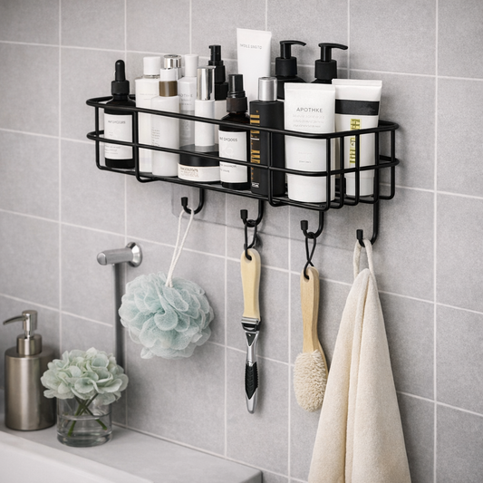 Self Adhesive 2-Layer Bathroom & Kitchen Wall Storage Rack with Hooks (Black Metal)