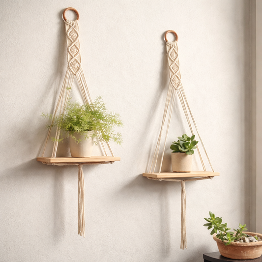 Macrame Hanging Wooden Shelf for Plants & Home Decor (Set of 2)