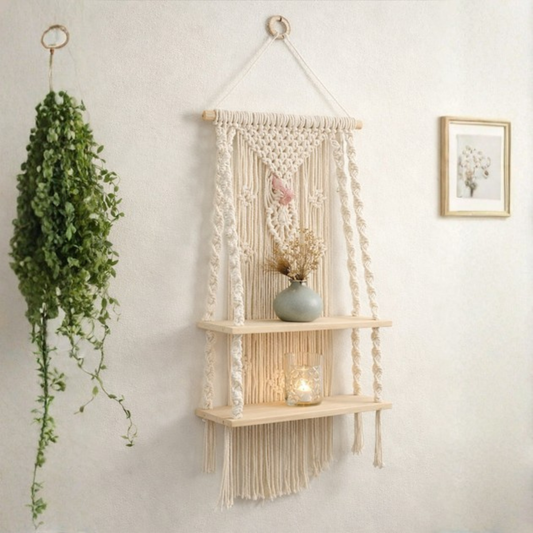 Macrame Wall Hanging Shelf with Wooden Planks | Handmade Boho Home Decor for Living Room & Bedroom