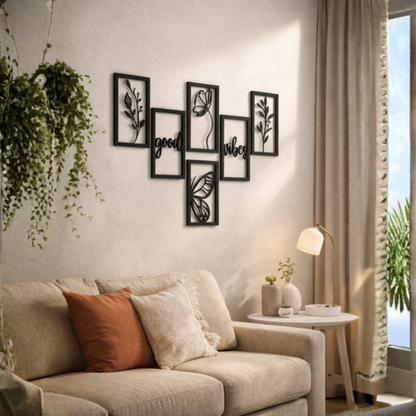 Modern Metal Wall Art Combo | Botanical & Butterfly Design | Good Vibes Living Room Wall Decor (Set of 6)