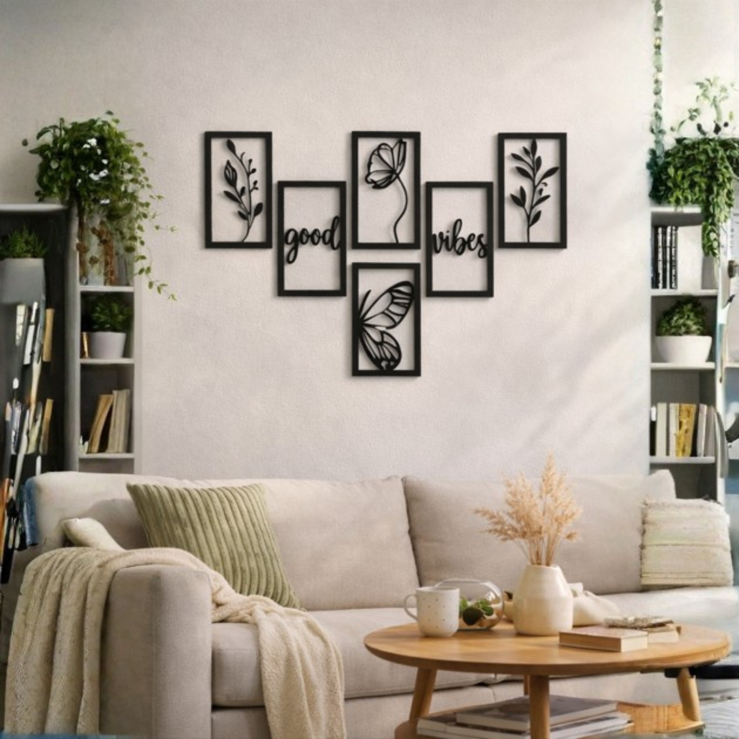 Modern Metal Wall Art Combo | Botanical & Butterfly Design | Good Vibes Living Room Wall Decor (Set of 6)