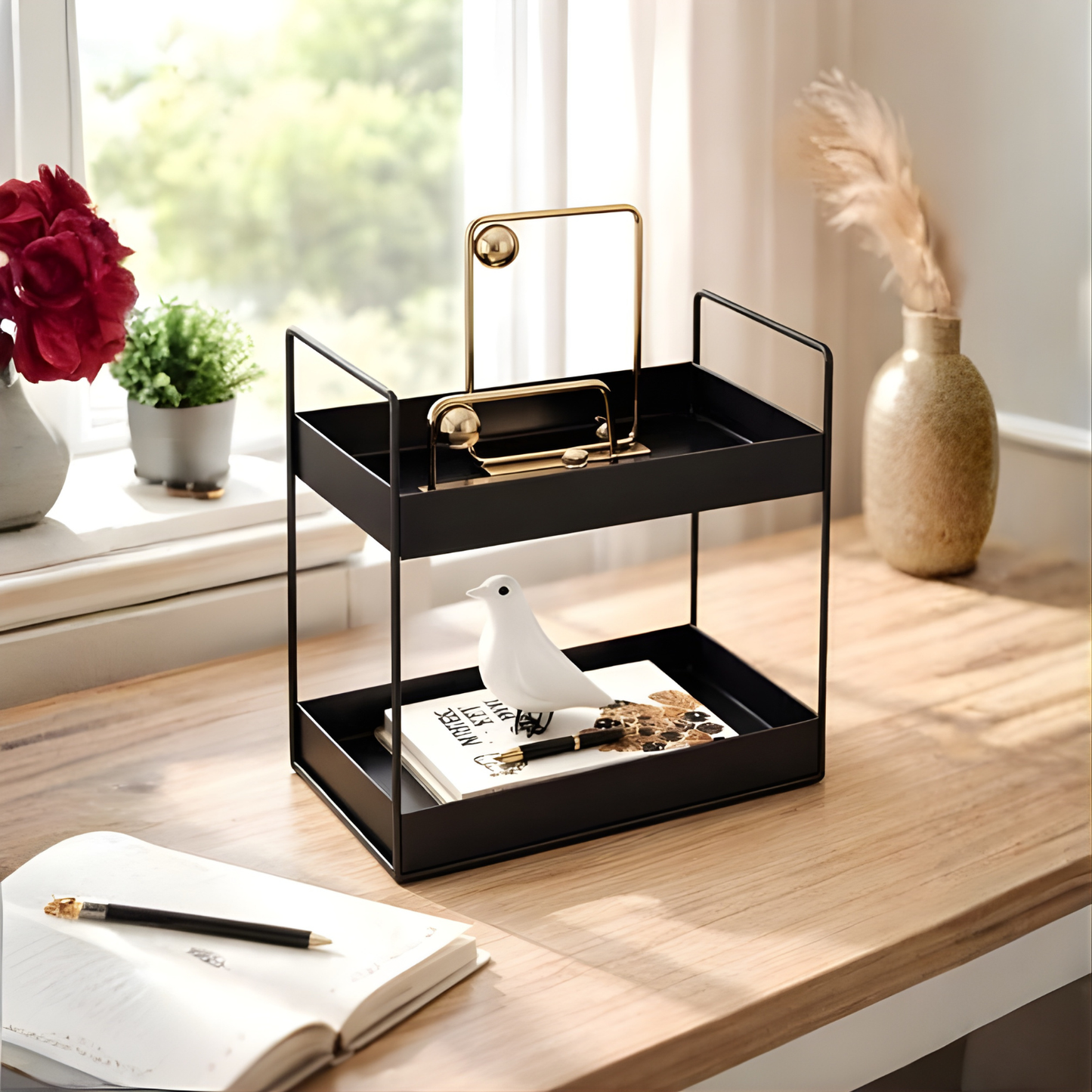 2-Tier Stainless Steel Kitchen Stand Organizer | Black Countertop Storage Rack